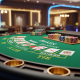 Luxurious online 3-Card Baccarat table showing three cards dealt to Player and Banker hands, with generic casino chips, set against a sophisticated casino backdrop.